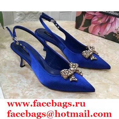 Dolce & Gabbana Heel 6.5cm Satin Slingbacks Blue with Crystal Bow 2021